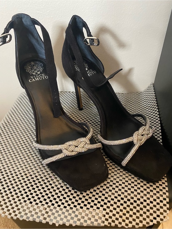 Vince Camuto Shoes - Vince Camuto Black Suede Ankle-Strap Heels with Rhinestone Knot